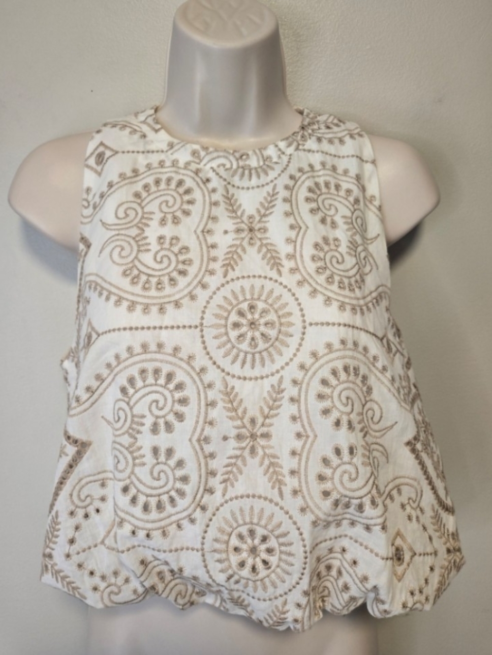 glam White Crop Top with Taupe Embroidered Medallions🌞